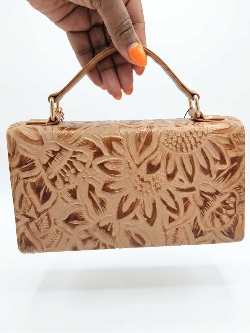Savage West Genuine Leather Handtooled Floral Bronze Satchel Bag NWT - Picture 2 of 5